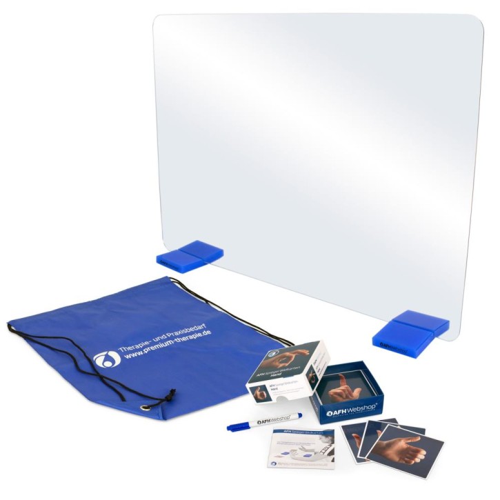 AFH T-Spiegel® Premium | groß | Standfuß: blau | Bildkarten Hand | inkl. Tragetasche | ca. 69,5 cm x 50,2 cm