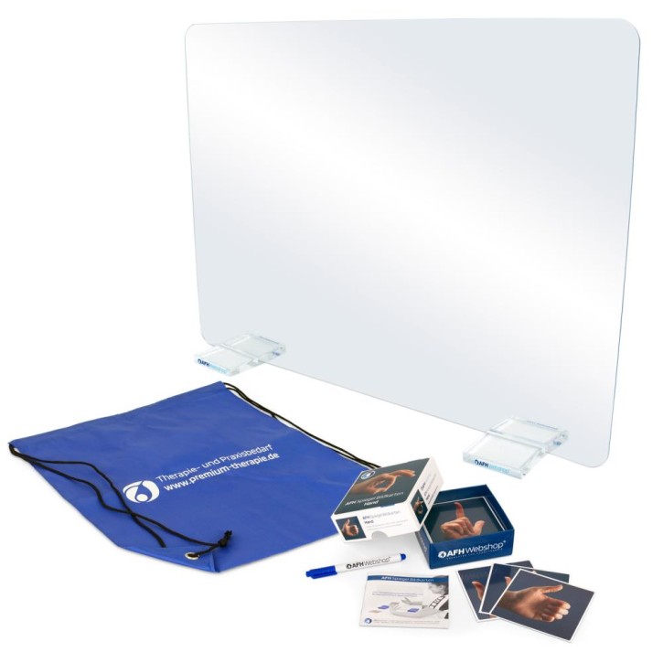 AFH T-Spiegel® Premium | groß | Standfuß: transparent | Bildkarten Hand | inkl. Tragetasche | ca. 69,5 cm x 50,2 cm