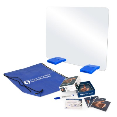 AFH T-Spiegel® Premium | mittel | Standfuß: blau | Bildkarten Hand | inkl. Tragetasche