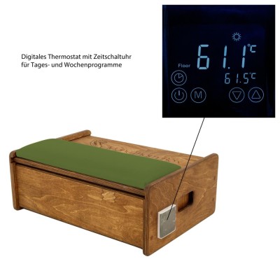 ManuThermBox mit Rolltisch | Sandbox zum Erwärmen | Holz: Nussbaum | Farbe: dunkles Moos | Füllung: Kirschkerne