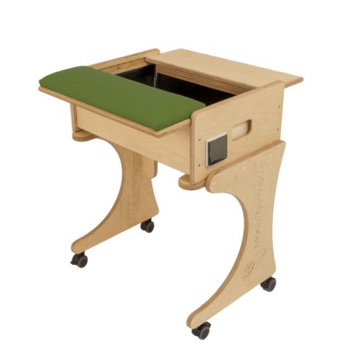 ManuThermBox mit Rolltisch | Sandbox zum Erwärmen | Holz: Birke farblos | Farbe: dunkles Moos | Füllung: Kirschkerne