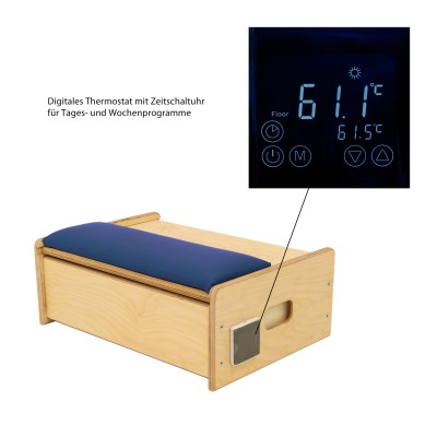 ManuThermBox mit Rolltisch | Sandbox zum Erwärmen | Holz: Birke farblos | Farbe: Royal | Füllung: Kirschkerne